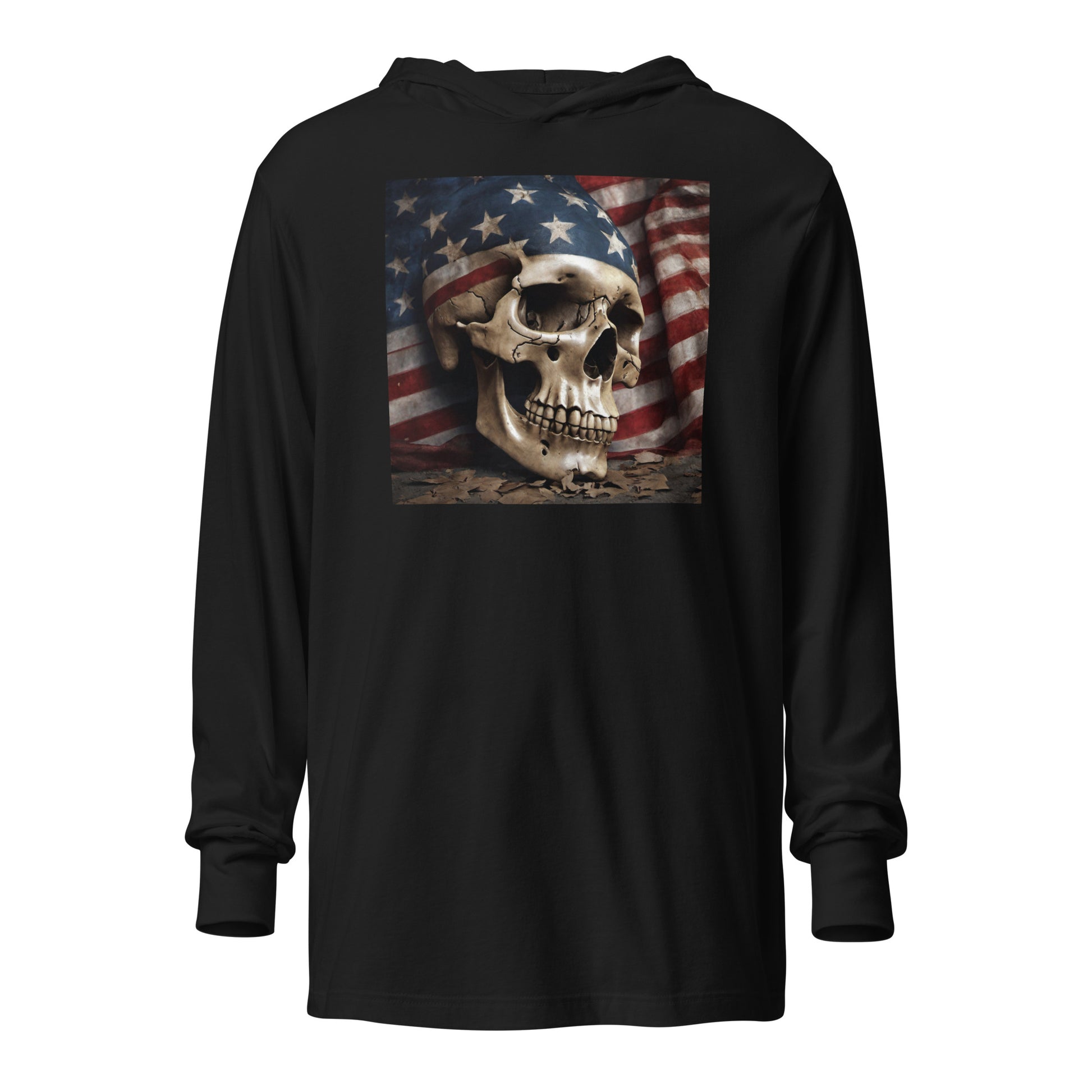 Skull and Flag Print Hooded Long-sleeve Tee Black
