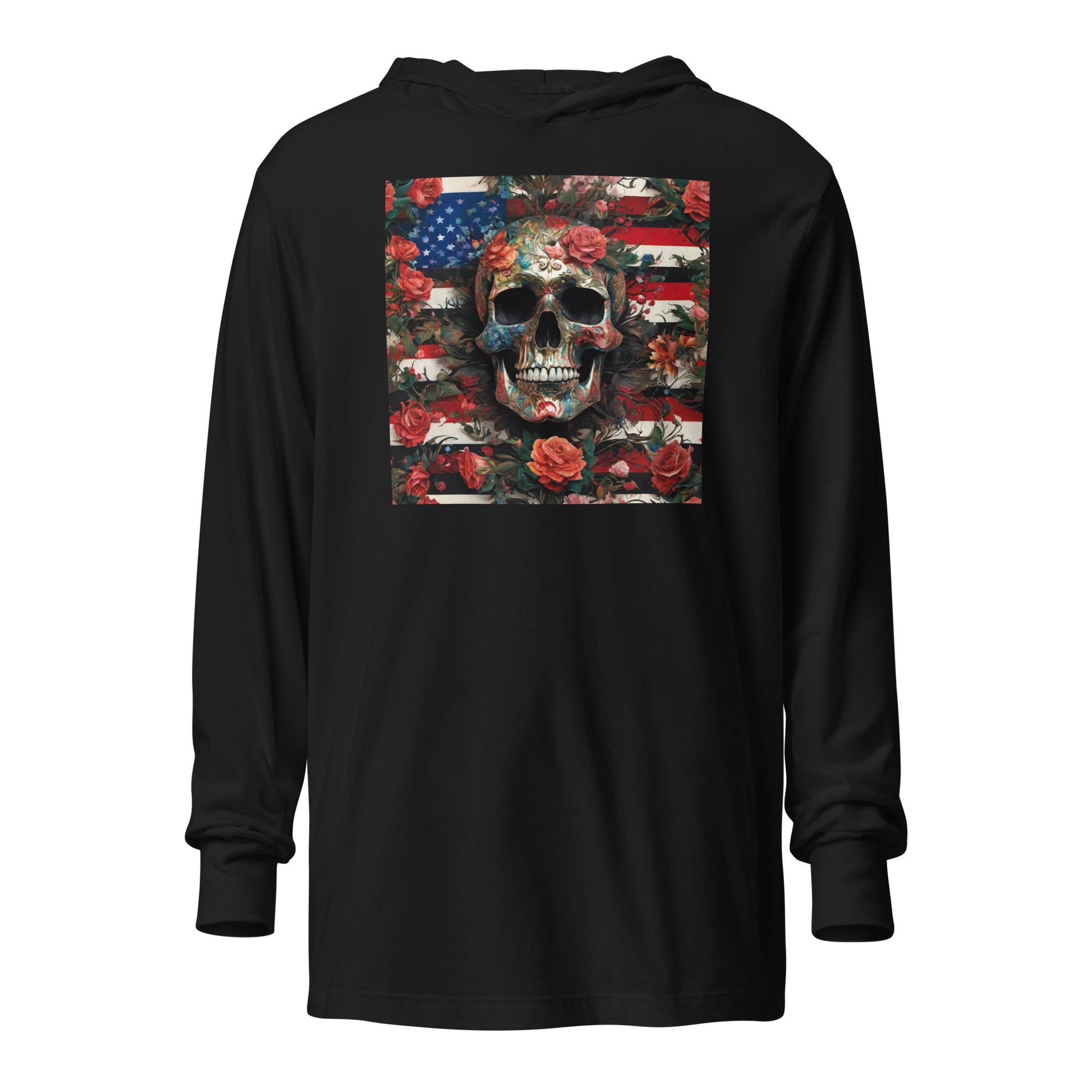 Skull, Roses, and Flag Hooded Long-Sleeve Graphic Tee Black