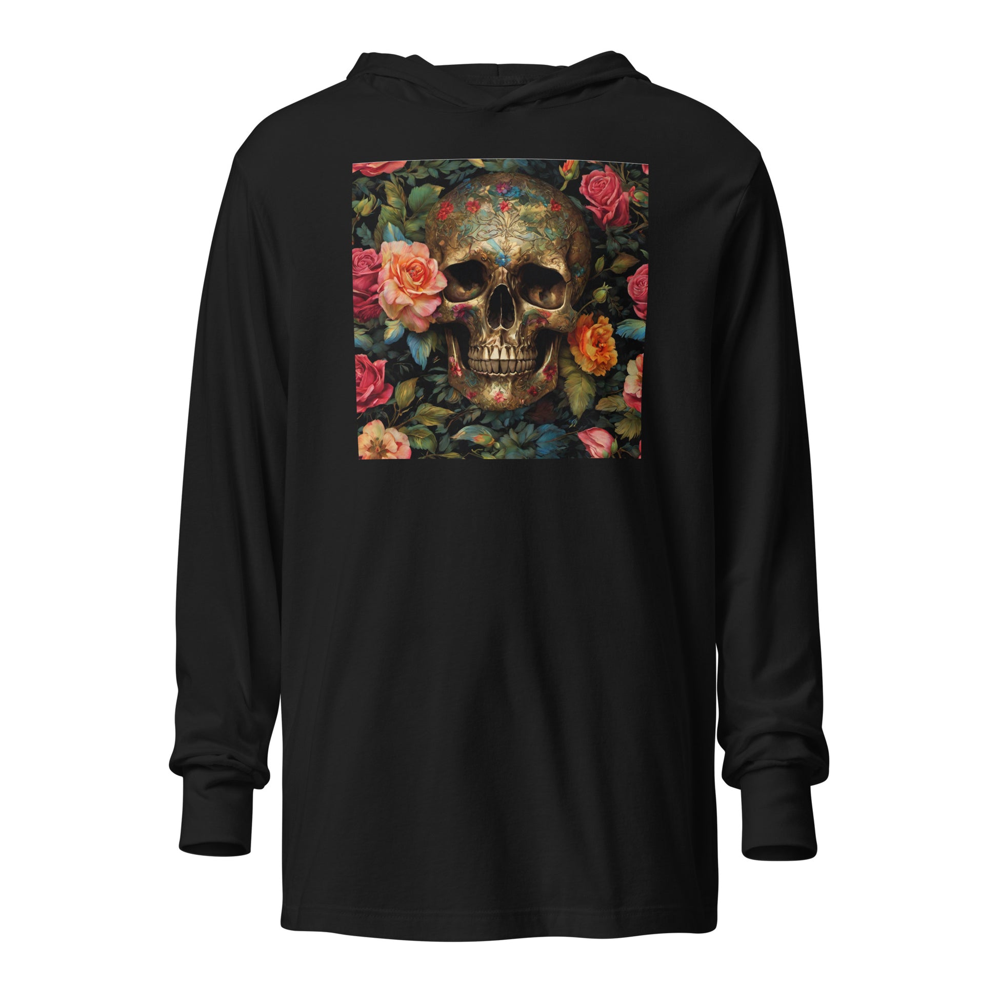 Skull and Roses Graphic Hooded Long-Sleeve Tee Black