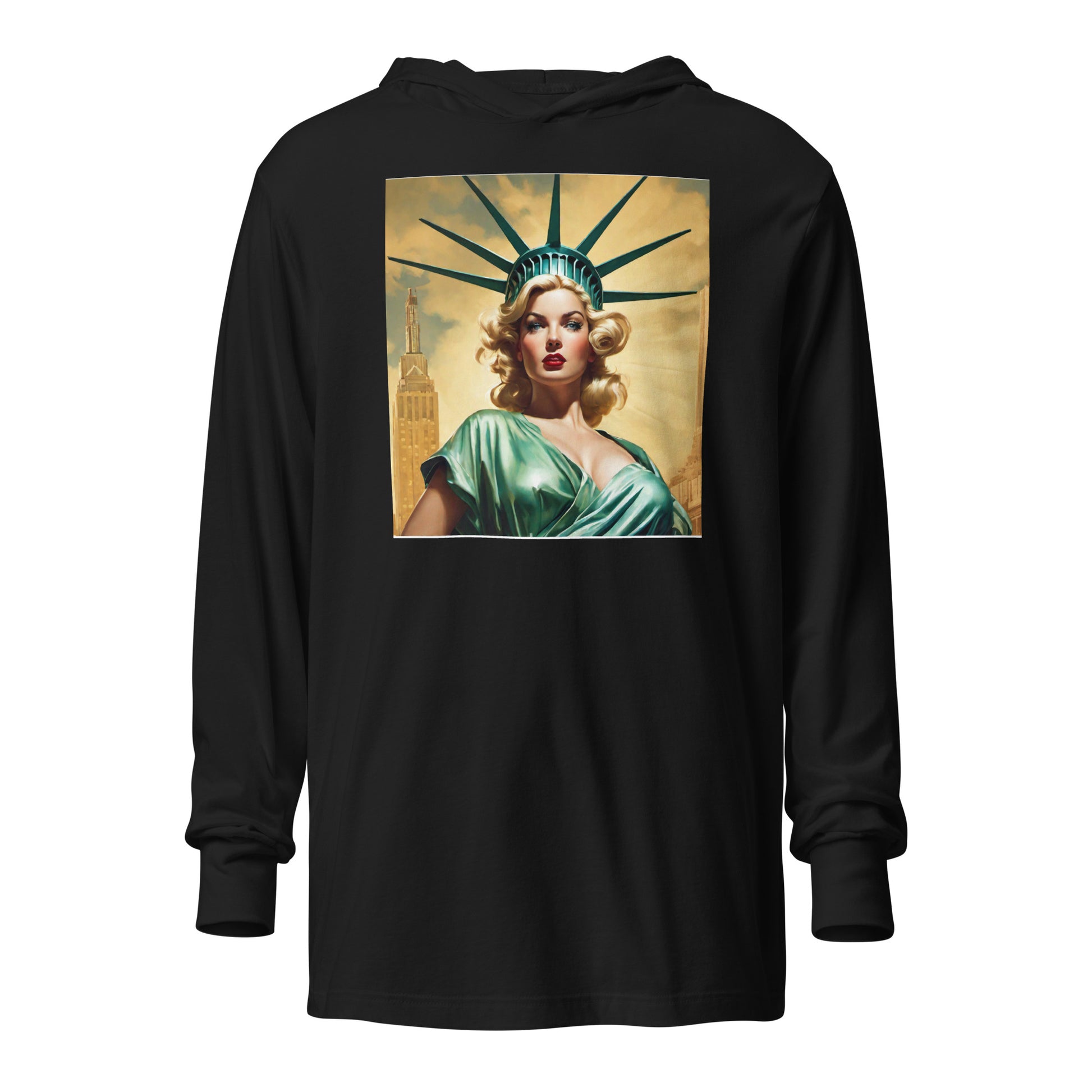 Beautiful Lady Liberty Hooded Long-Sleeve Tee Black