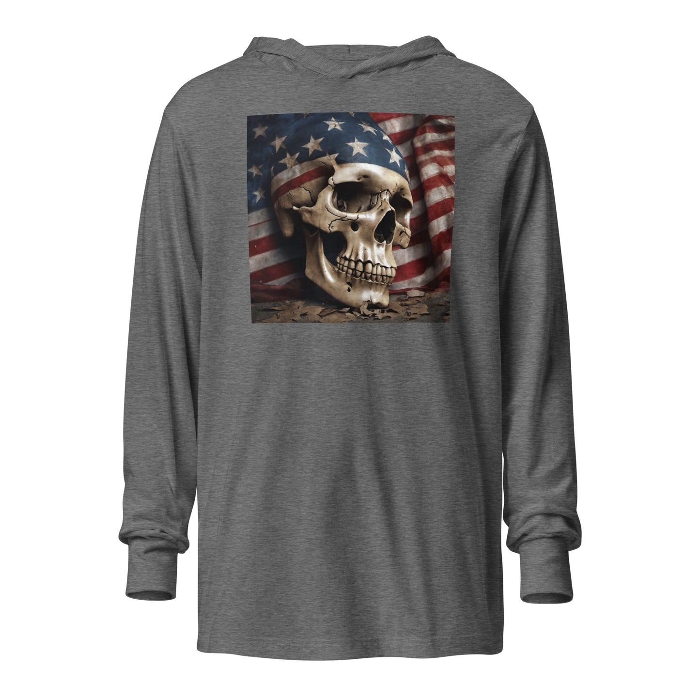 Skull and Flag Print Hooded Long-sleeve Tee Grey Triblend