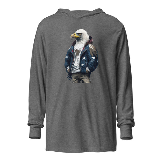 Patriotic American Bald Eagle Hooded Long-Sleeve Tee Grey Triblend