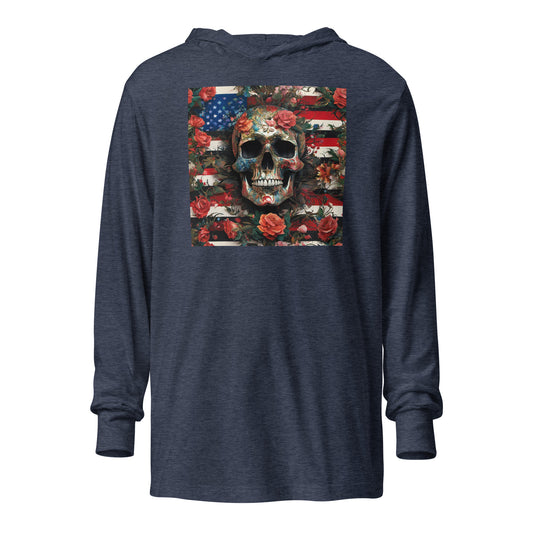Skull, Roses, and Flag Hooded Long-Sleeve Graphic Tee Heather Navy