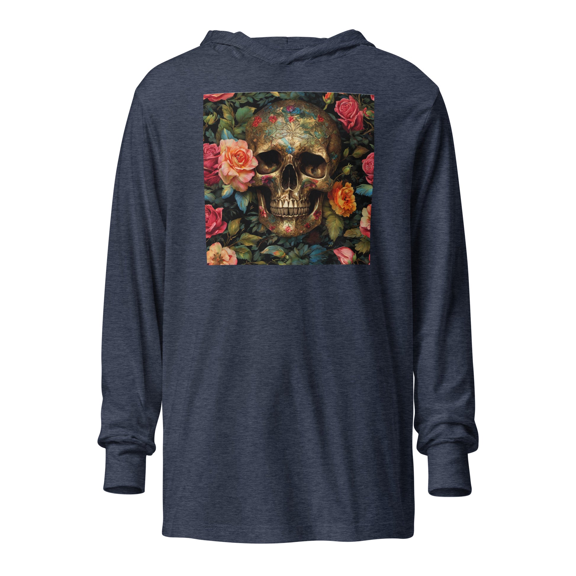 Skull and Roses Graphic Hooded Long-Sleeve Tee Heather Navy