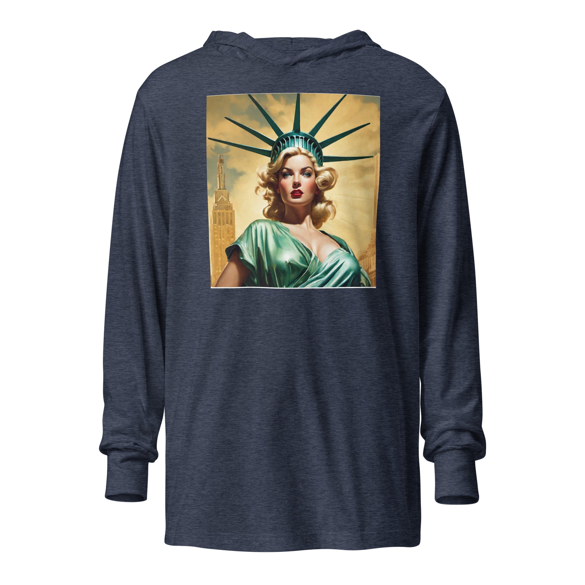 Beautiful Lady Liberty Hooded Long-Sleeve Tee Heather Navy