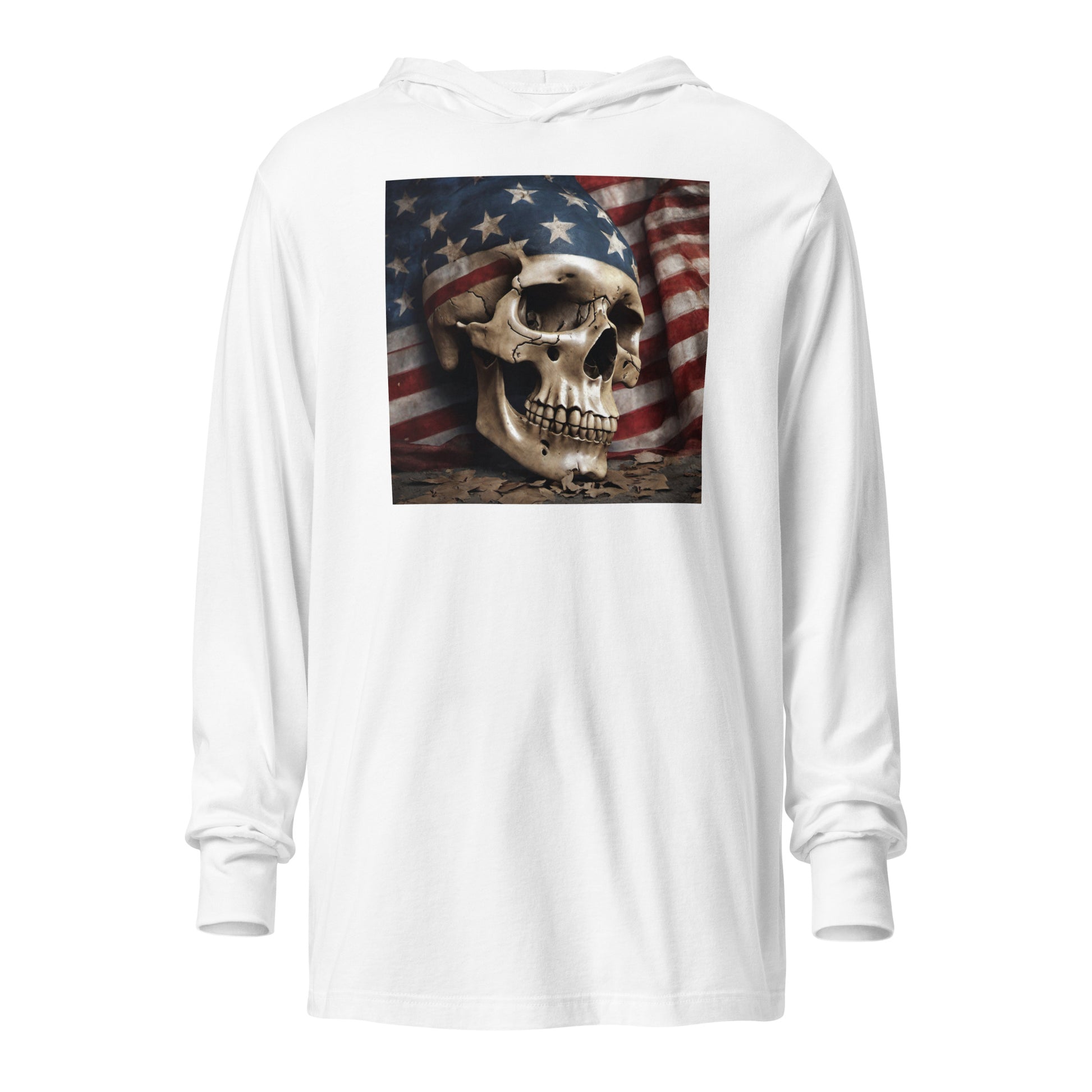 Skull and Flag Print Hooded Long-sleeve Tee White