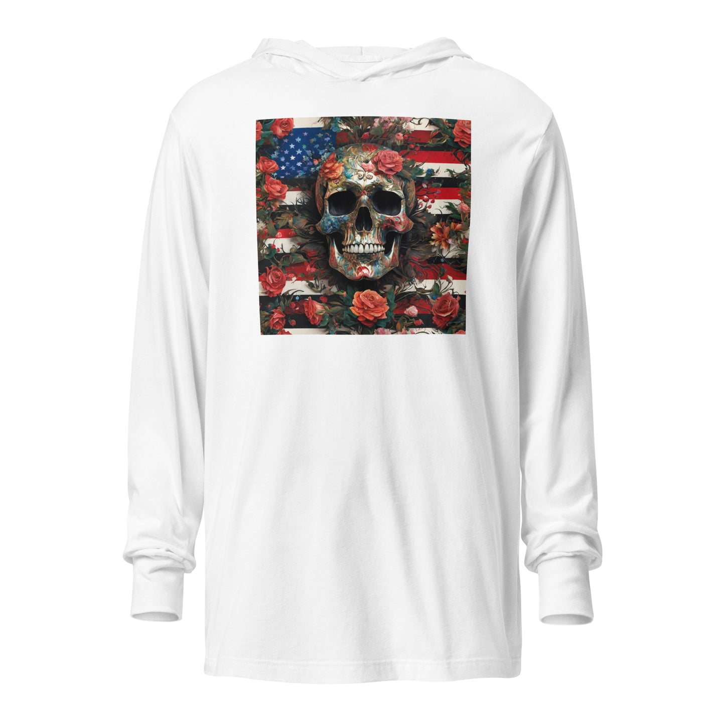 Skull, Roses, and Flag Hooded Long-Sleeve Graphic Tee White