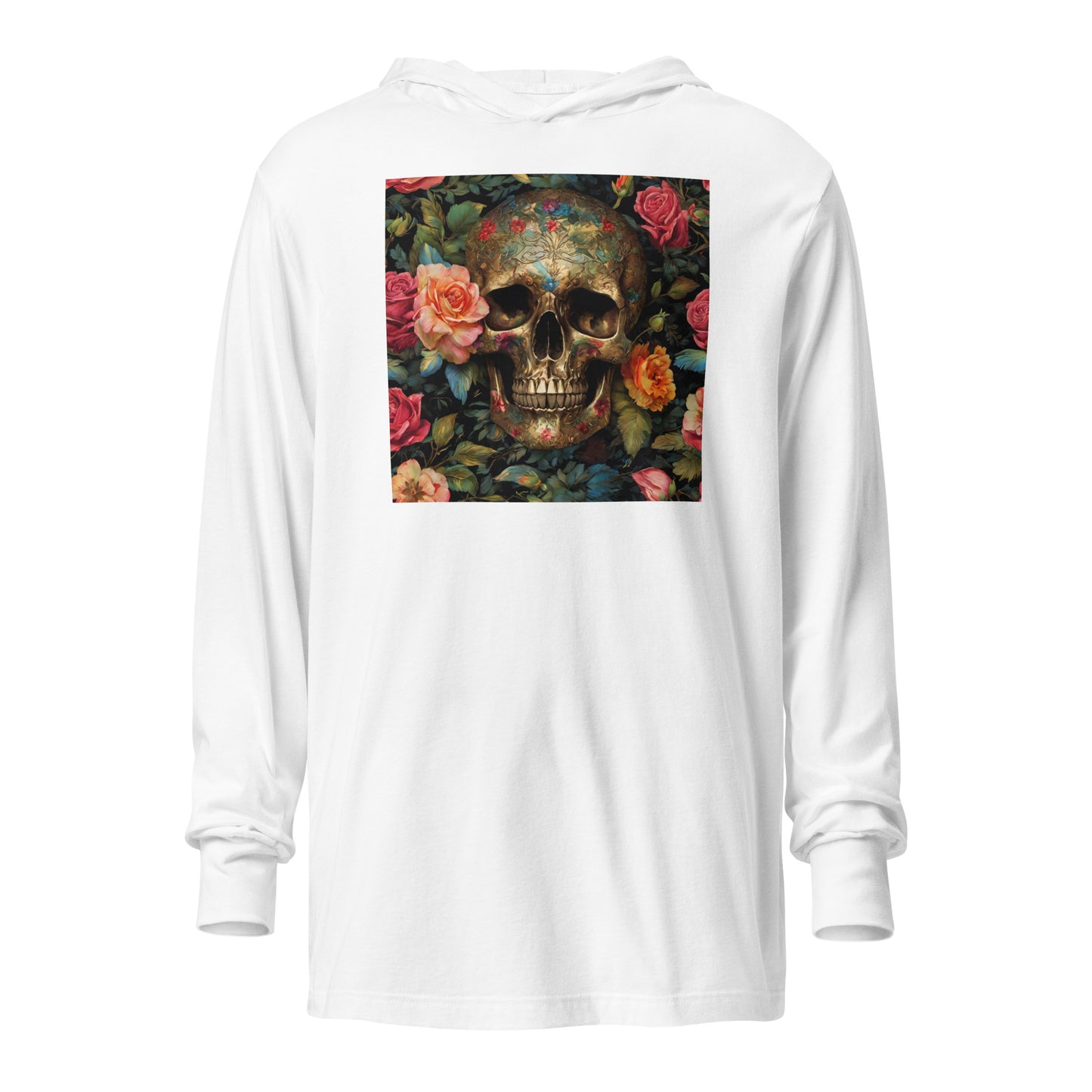 Skull and Roses Graphic Hooded Long-Sleeve Tee White