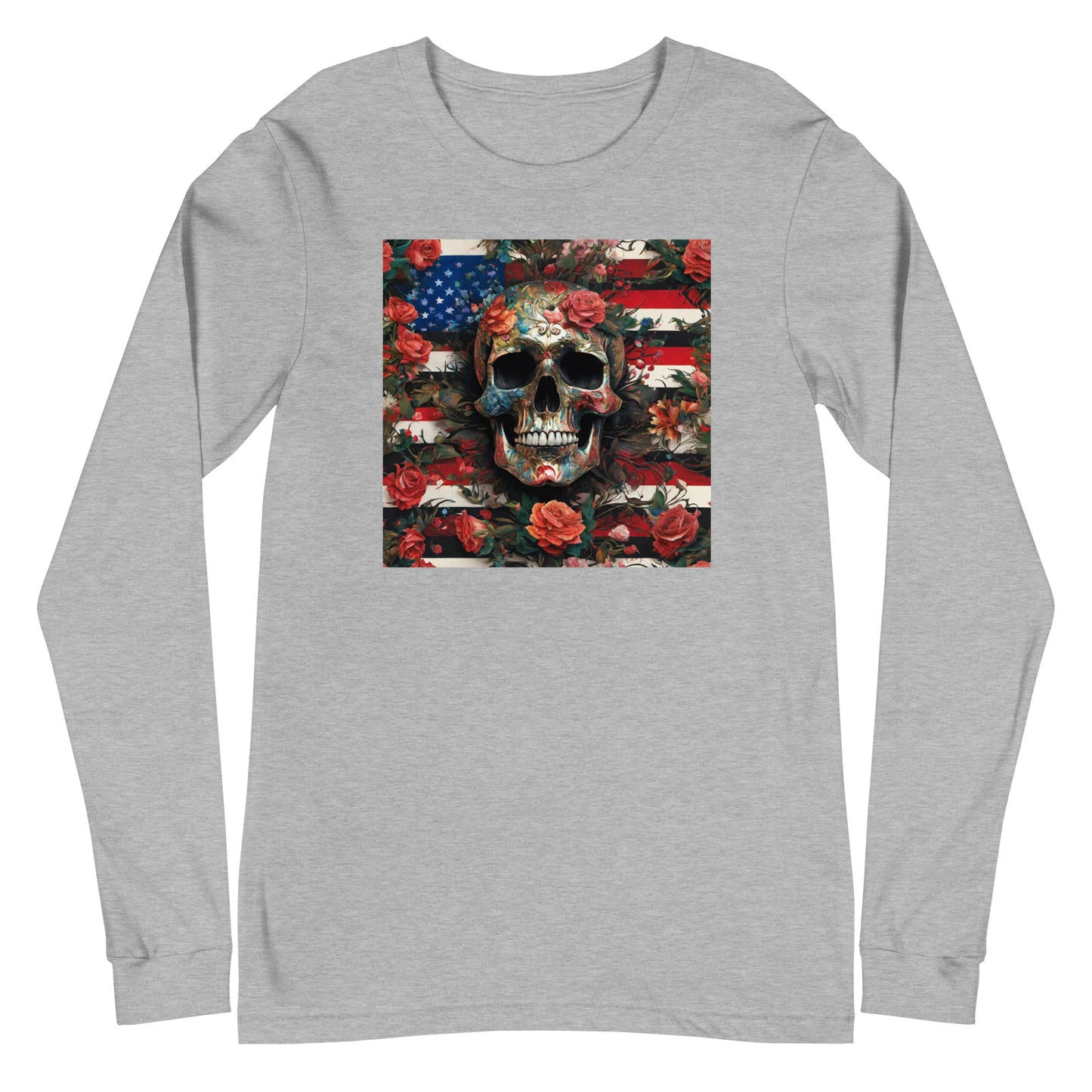 Skull, Roses, and Flag Long Sleeve Graphic Tee Athletic Heather