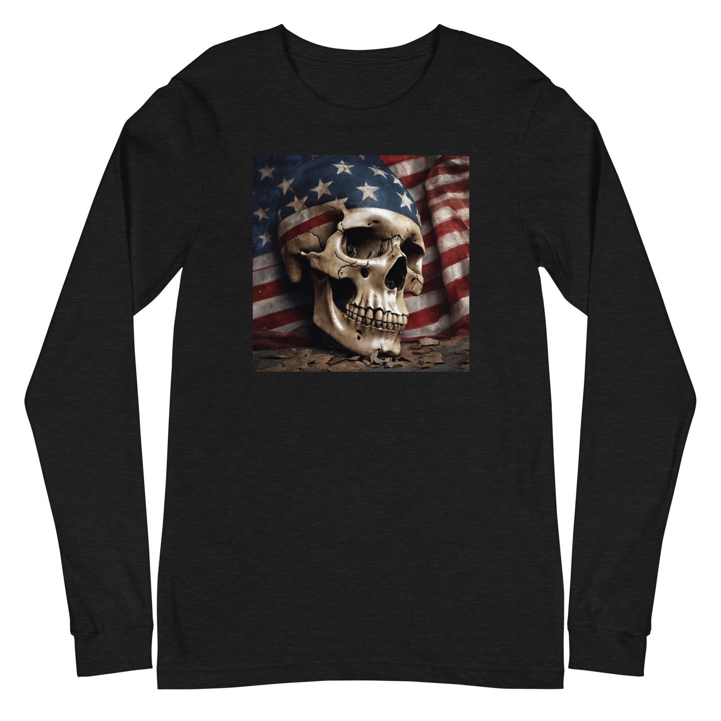 Skull and Flag Print Long Sleeve Tee Black Heather