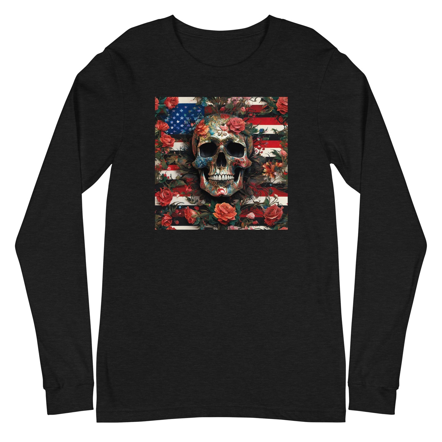 Skull, Roses, and Flag Long Sleeve Graphic Tee Black Heather