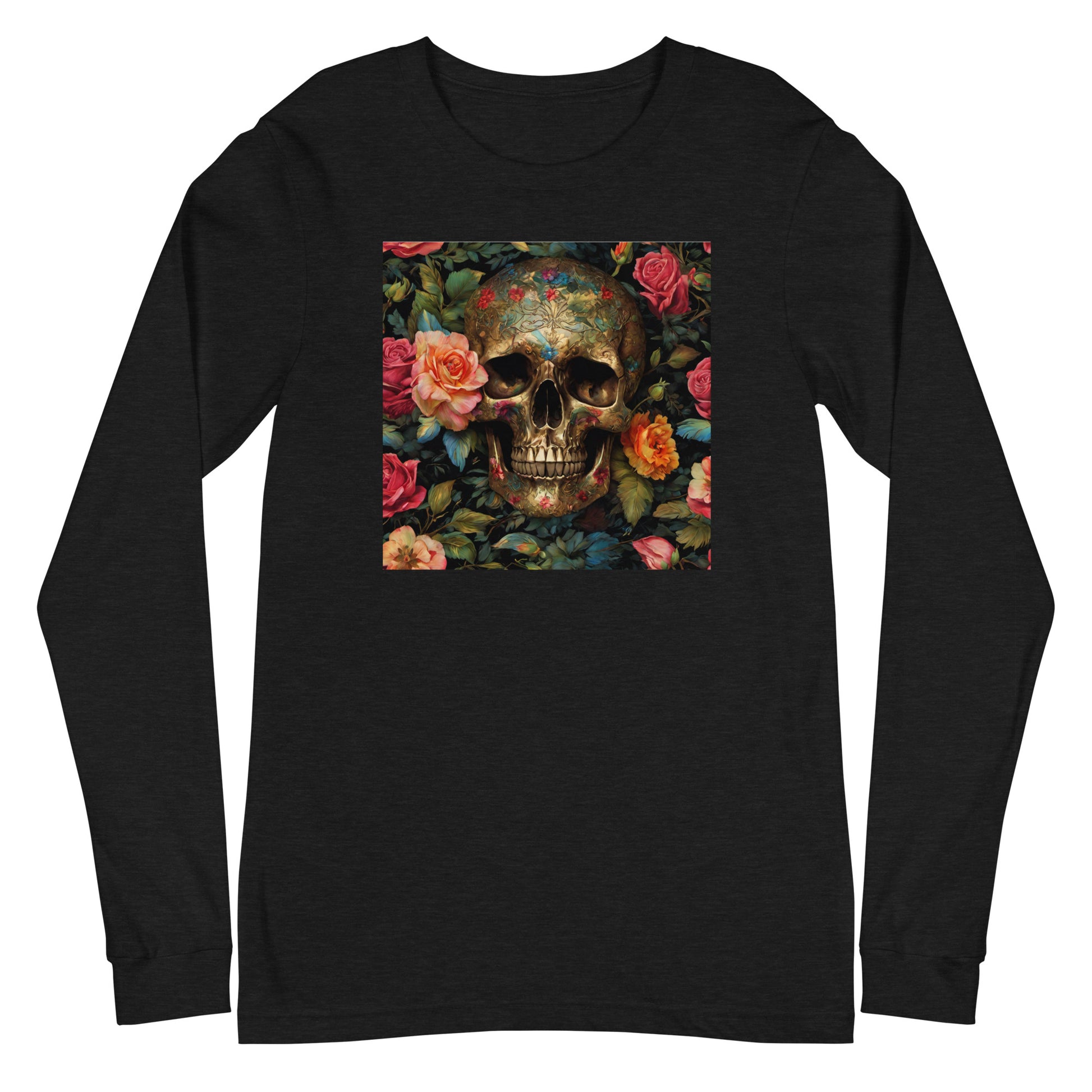 Skull and Roses Graphic Long Sleeve Tee Black Heather