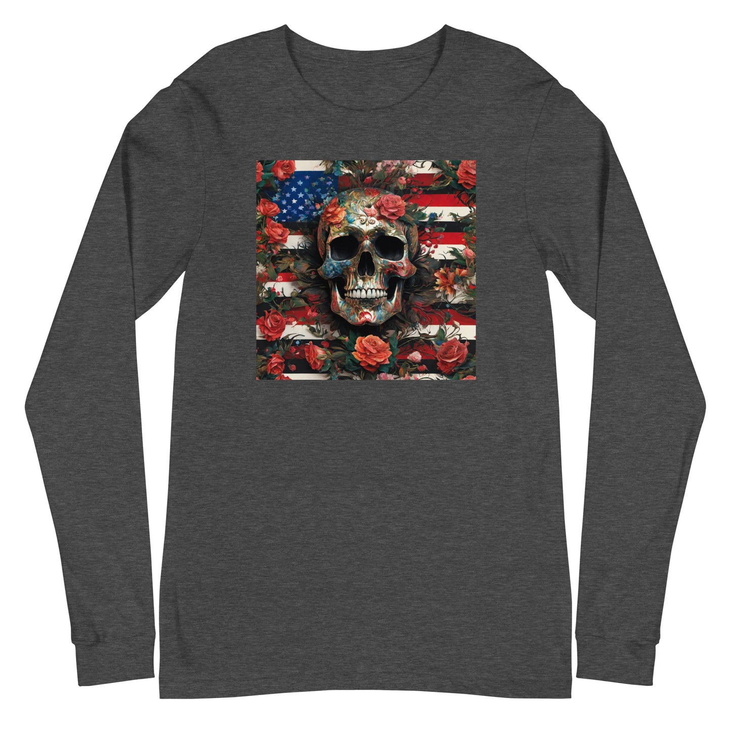 Skull, Roses, and Flag Long Sleeve Graphic Tee Dark Grey Heather