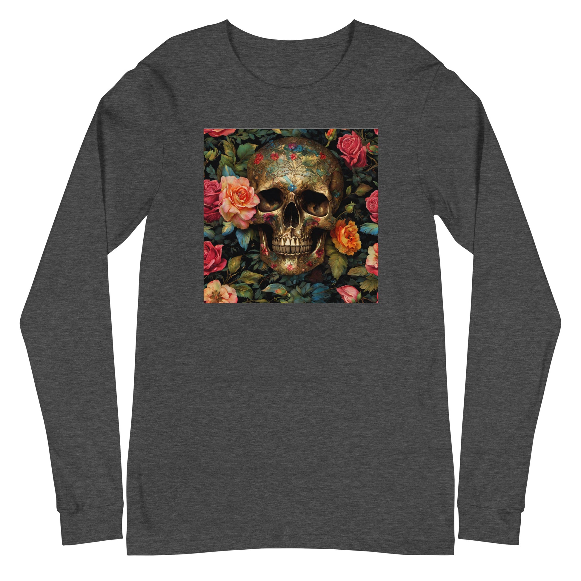 Skull and Roses Graphic Long Sleeve Tee Dark Grey Heather