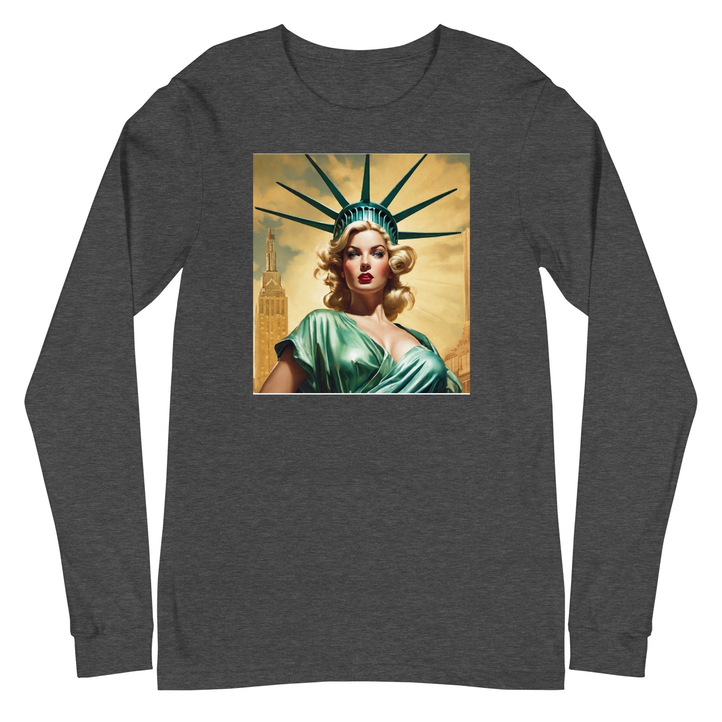 Beautiful Lady Liberty Long Sleeve Tee Dark Grey Heather