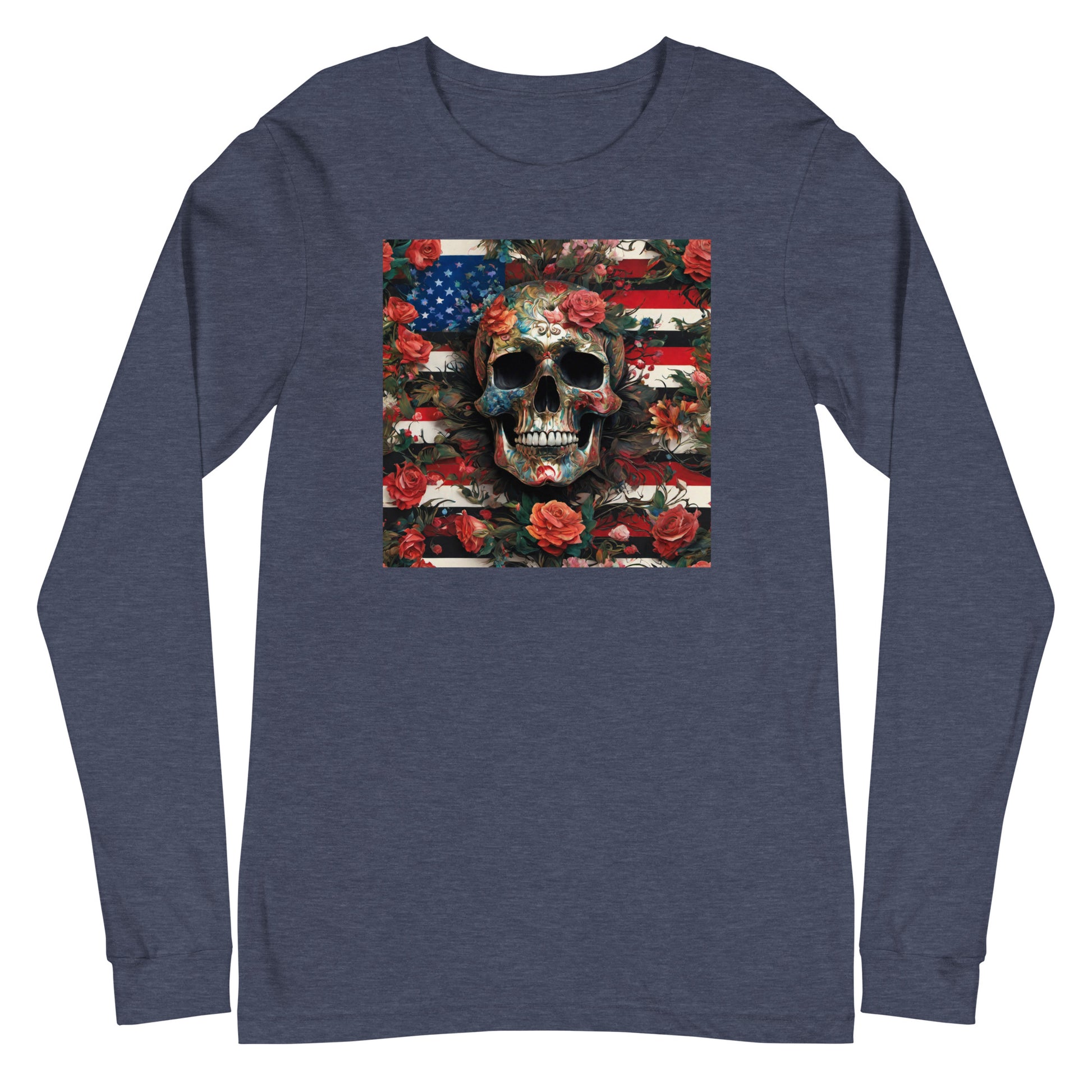 Skull, Roses, and Flag Long Sleeve Graphic Tee Heather Navy