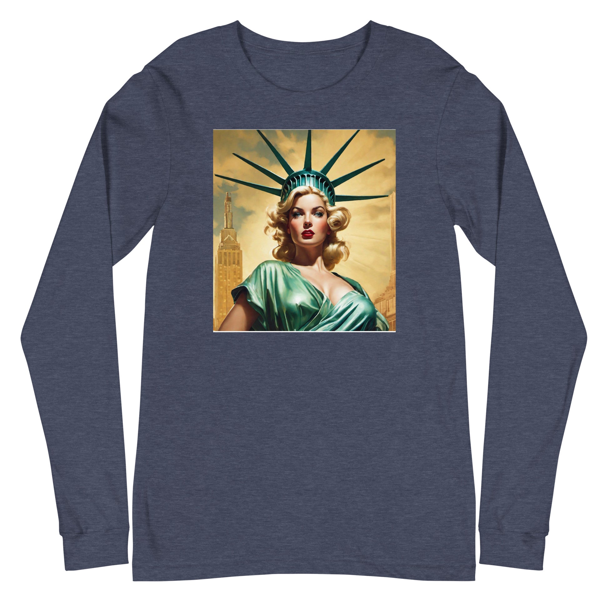 Beautiful Lady Liberty Long Sleeve Tee Heather Navy