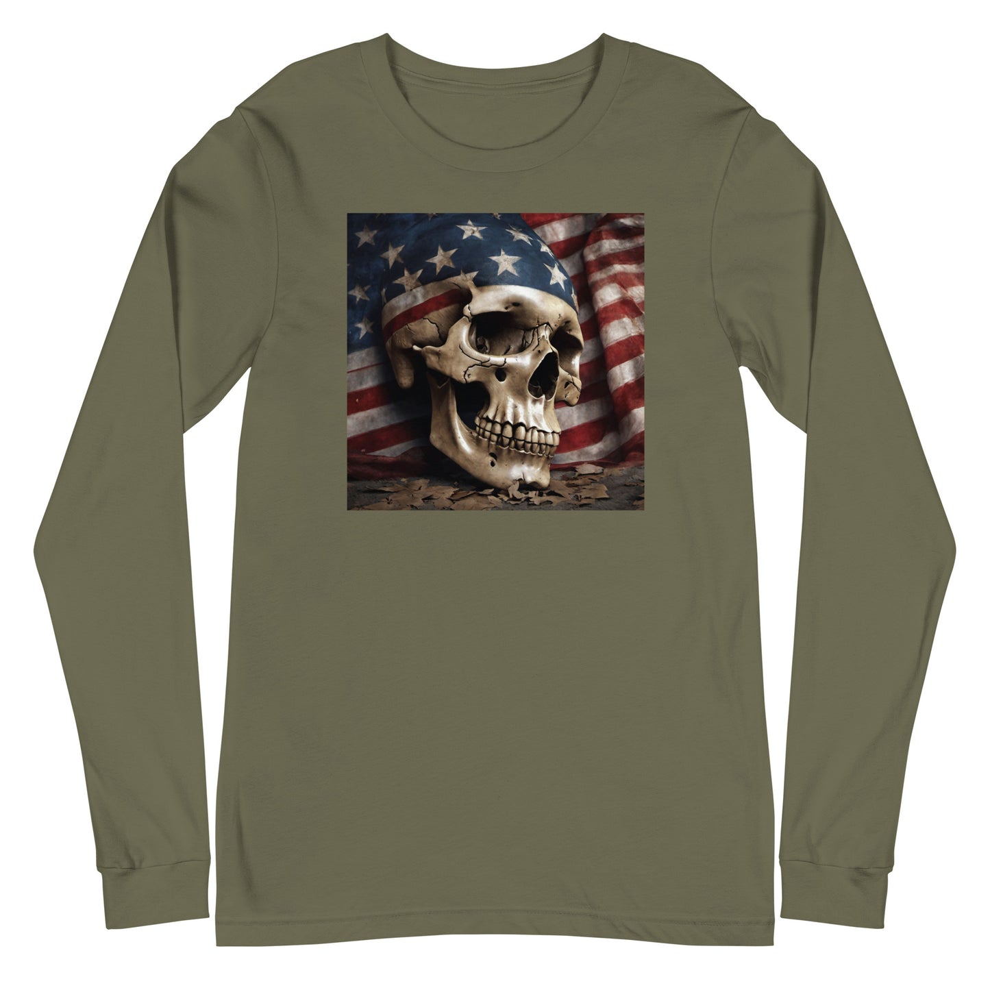 Skull and Flag Print Long Sleeve Tee Military Green