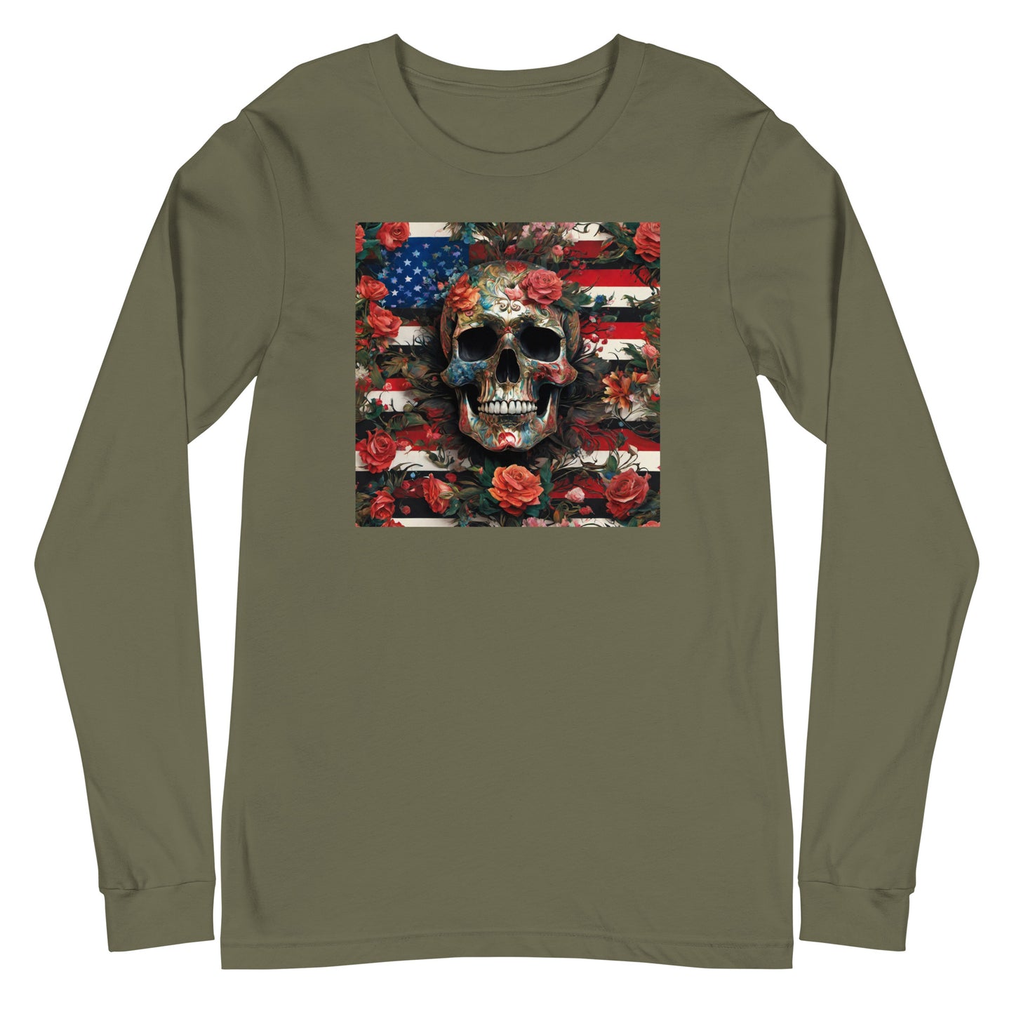 Skull, Roses, and Flag Long Sleeve Graphic Tee Military Green