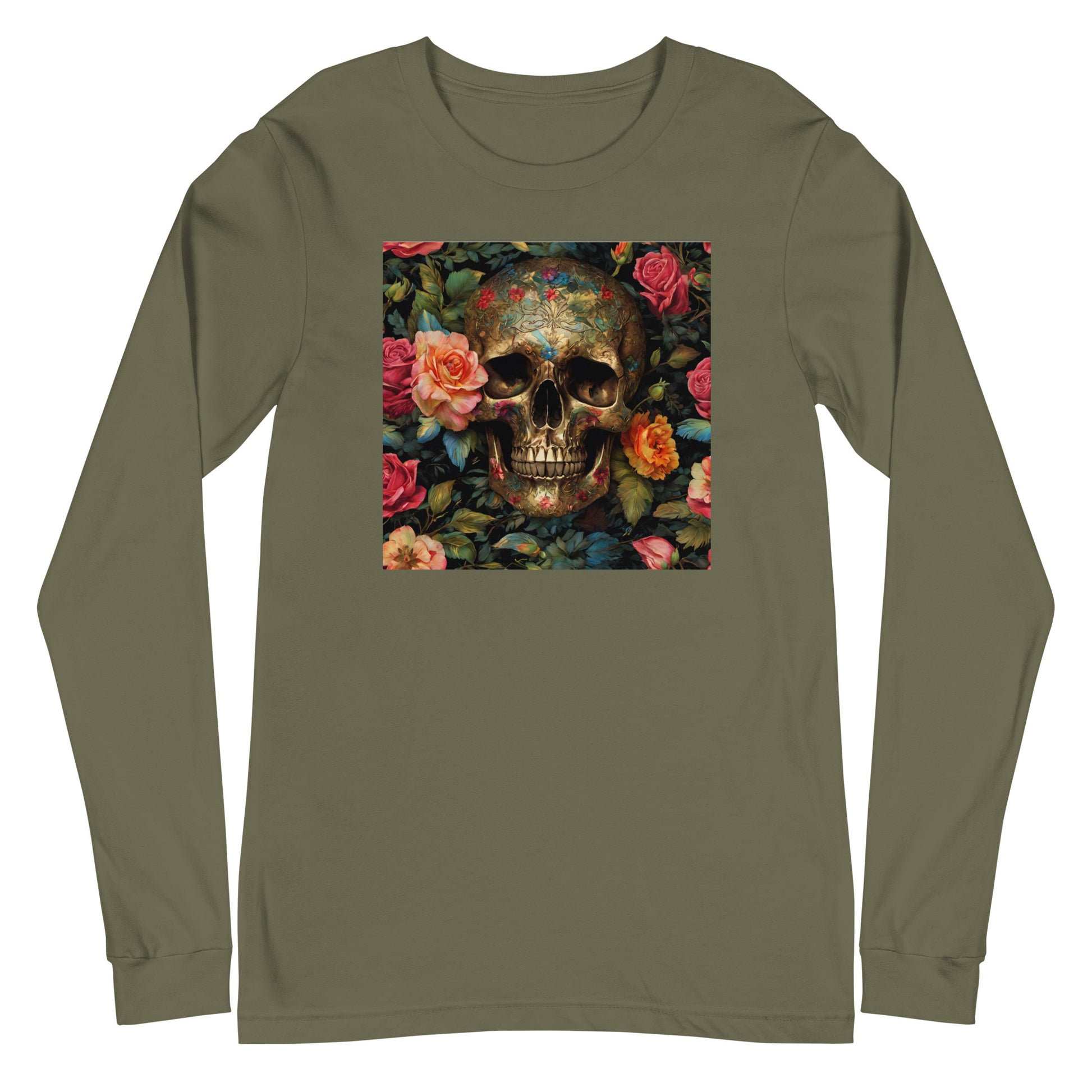 Skull and Roses Graphic Long Sleeve Tee Military Green