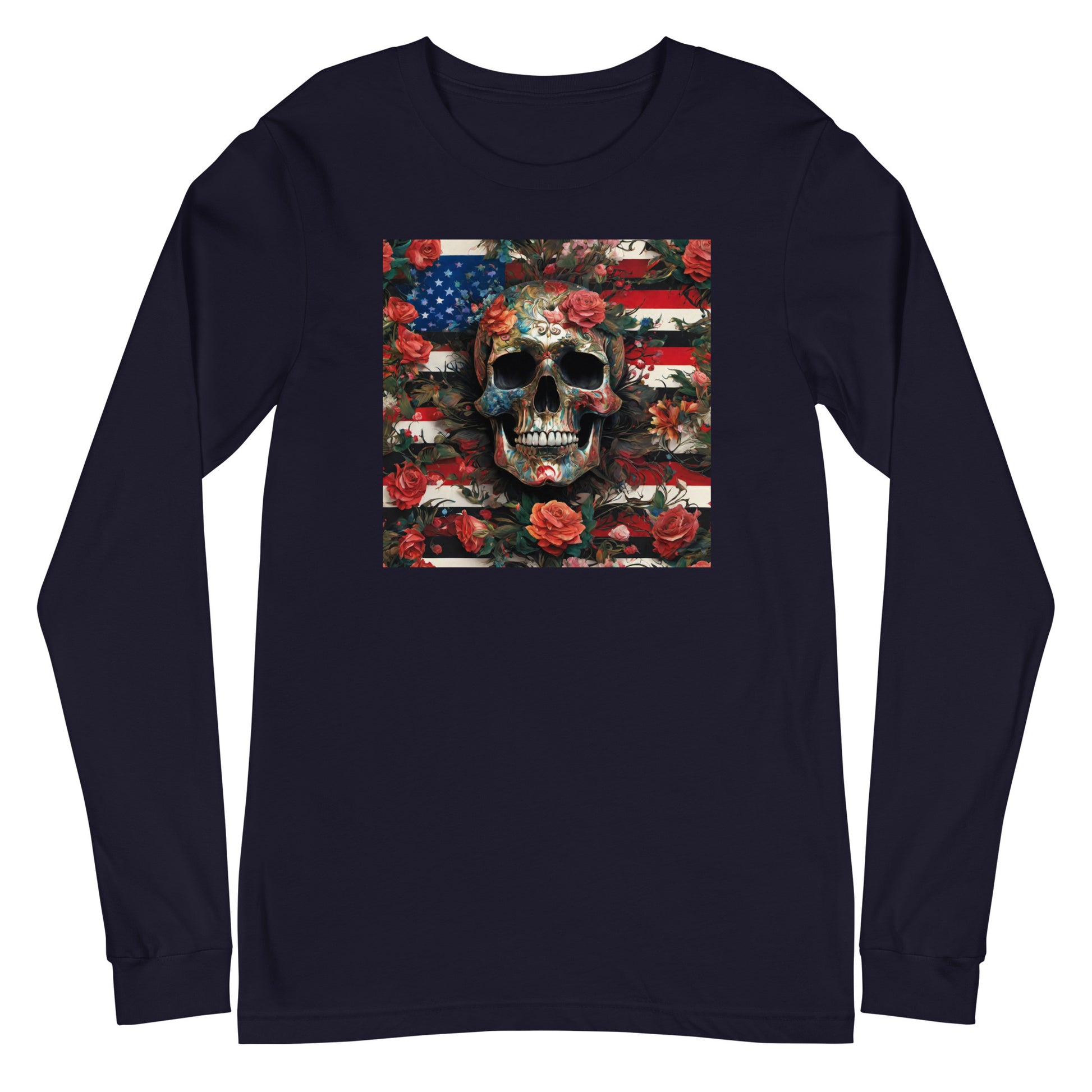 Skull, Roses, and Flag Long Sleeve Graphic Tee Navy