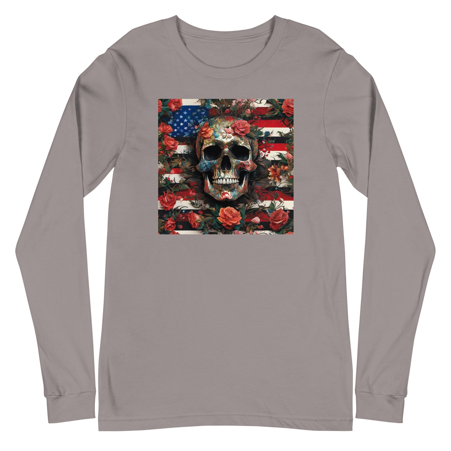 Skull, Roses, and Flag Long Sleeve Graphic Tee Storm