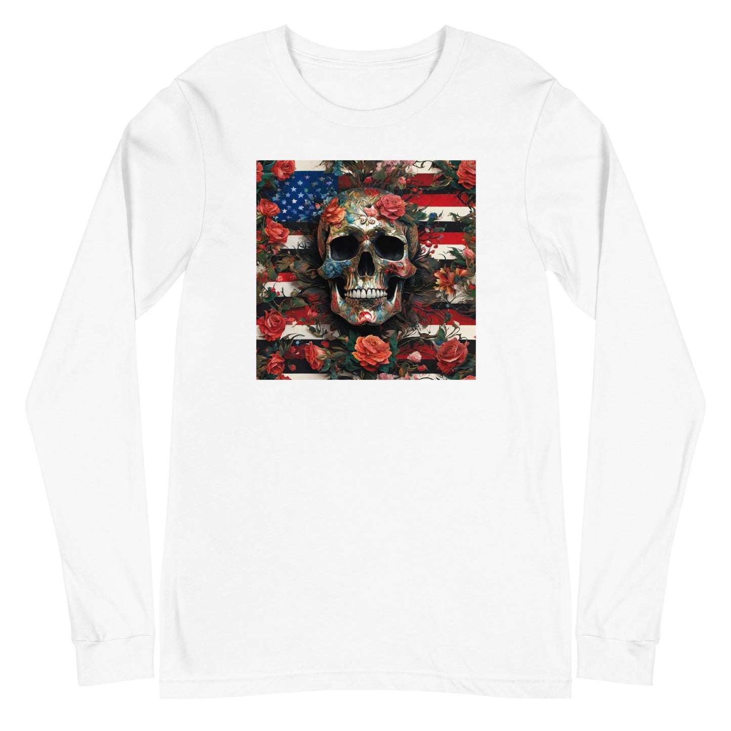 Skull, Roses, and Flag Long Sleeve Graphic Tee White