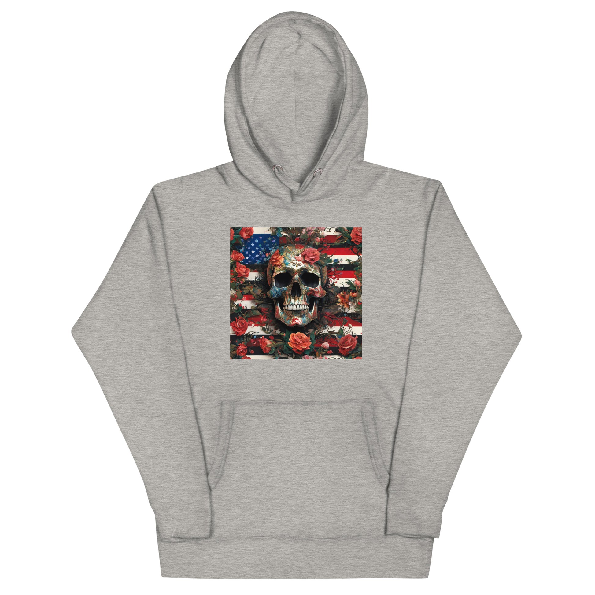 Skull, Roses, and Flag Graphic Hoodie Carbon Grey