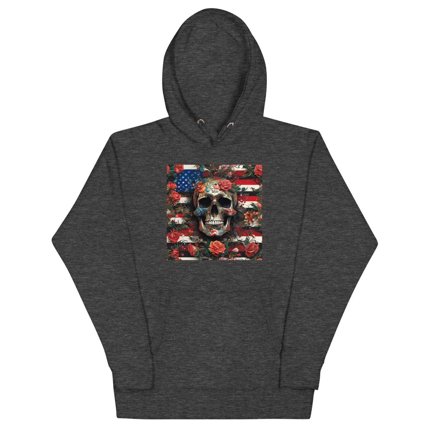 Skull, Roses, and Flag Graphic Hoodie Charcoal Heather
