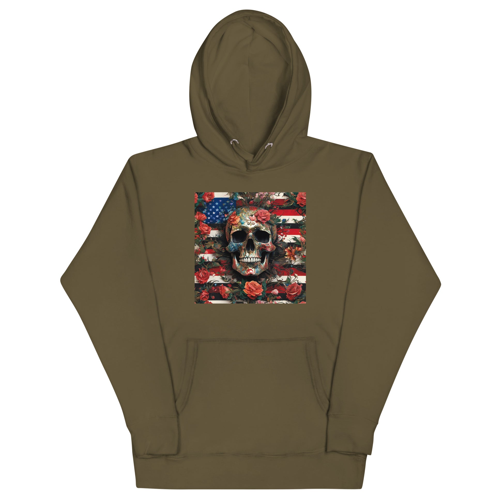 Skull, Roses, and Flag Graphic Hoodie Military Green