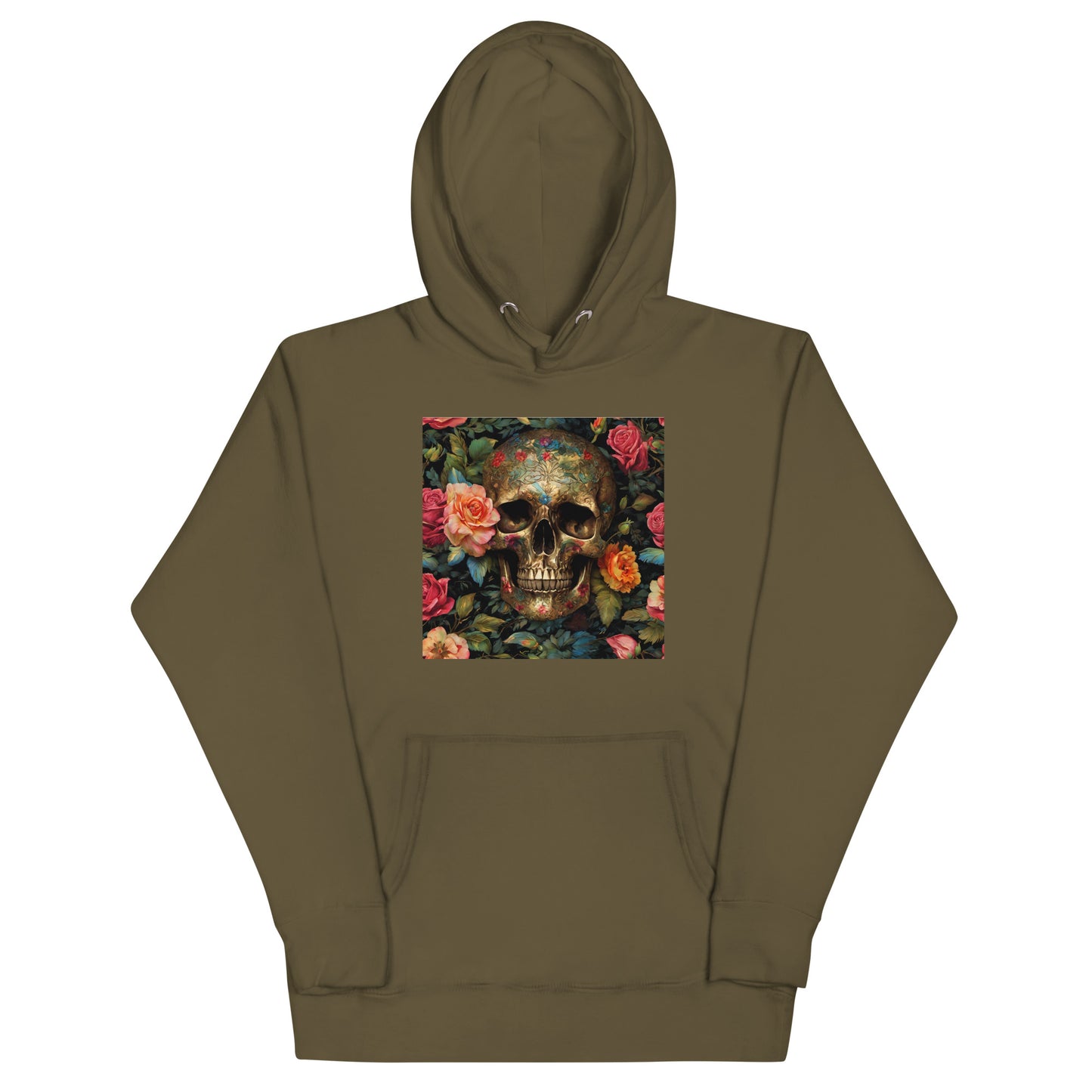 Skull and Roses Graphic Hoodie Military Green
