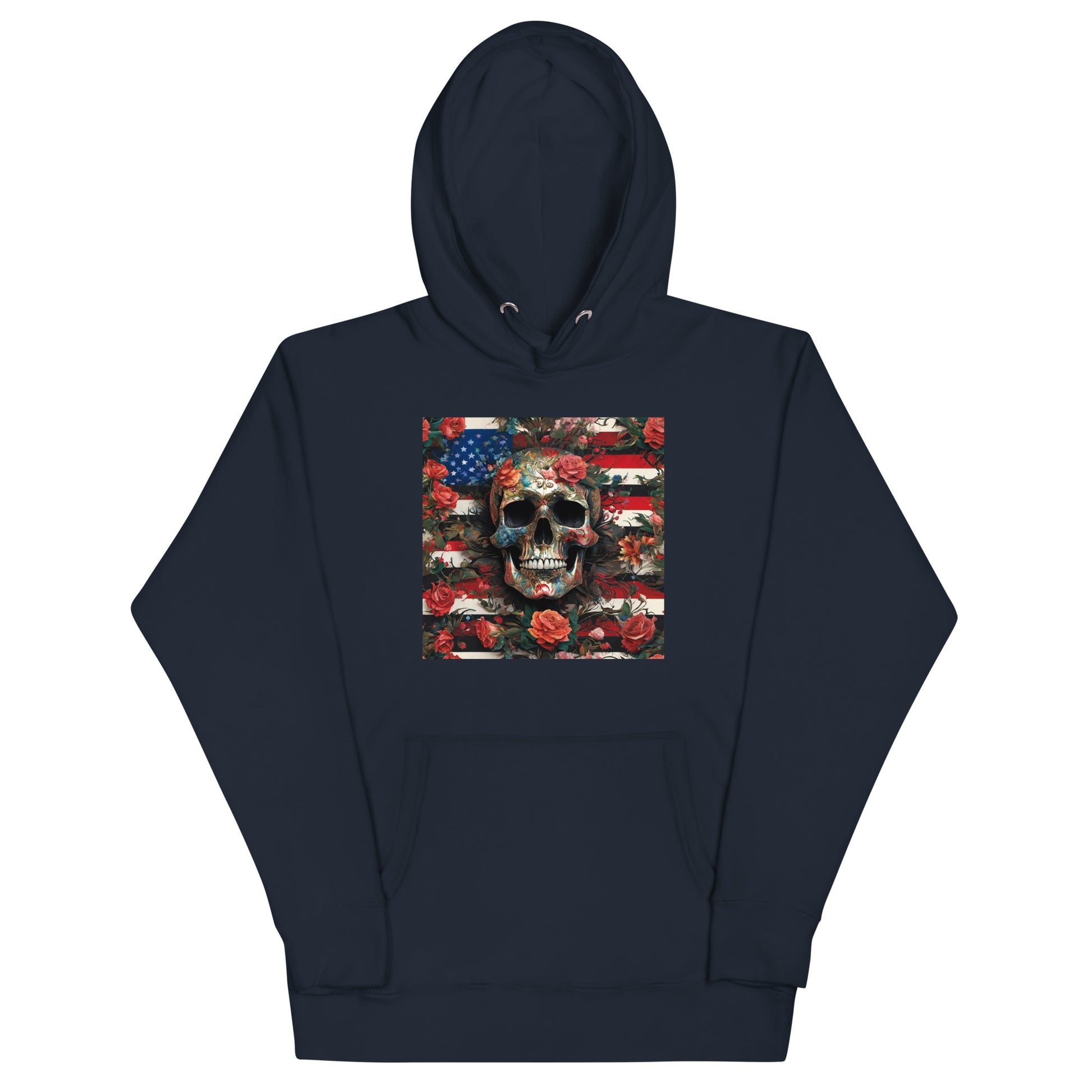 Skull, Roses, and Flag Graphic Hoodie Navy Blazer