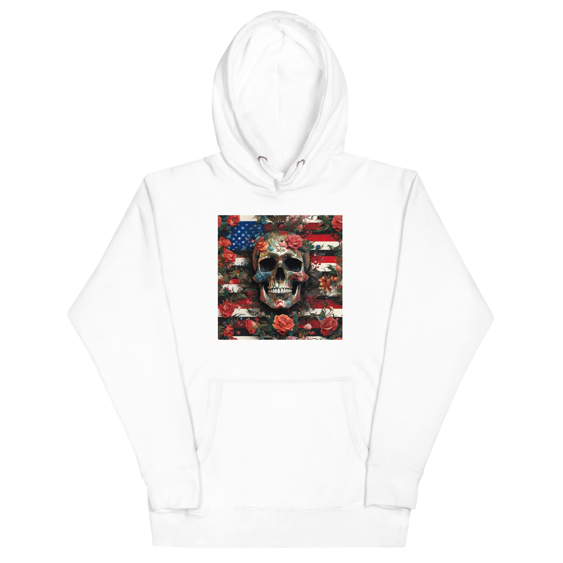 Skull, Roses, and Flag Graphic Hoodie White