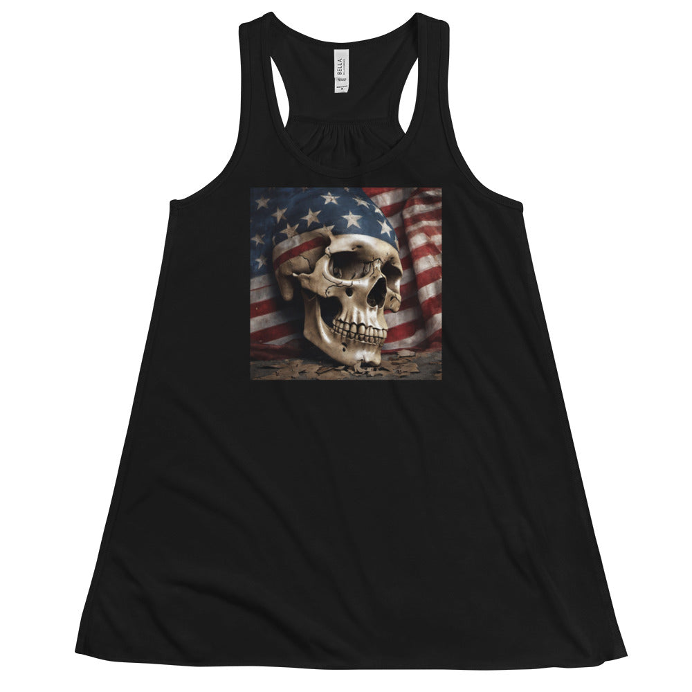Skull and Flag Print Women's Flowy Racerback Tank Black