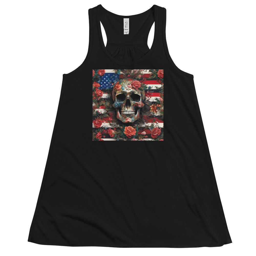 Skull, Roses, and Flag Women's Flowy Racerback Tank Black