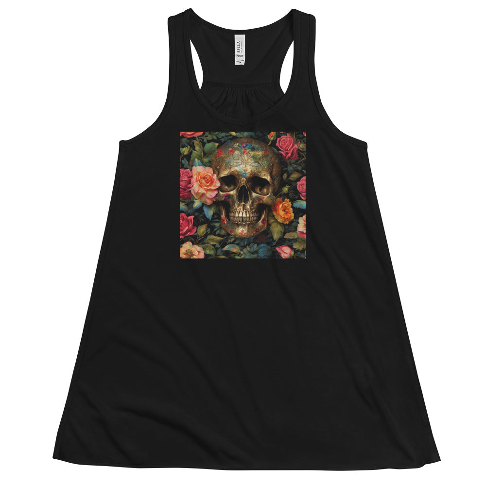 Skull with Roses Graphic Women's Flowy Racerback Tank Black