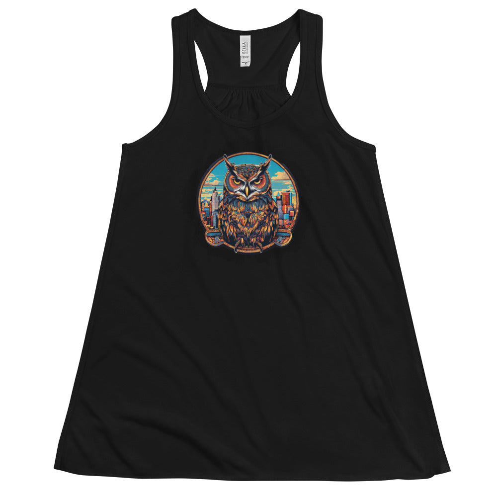 Owl in the City Emblem Women's Flowy Racerback Tank Black