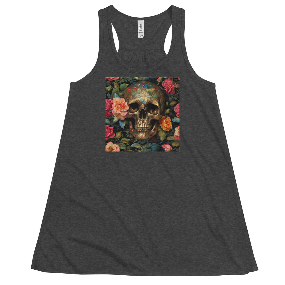 Skull with Roses Graphic Women's Flowy Racerback Tank Dark Grey Heather