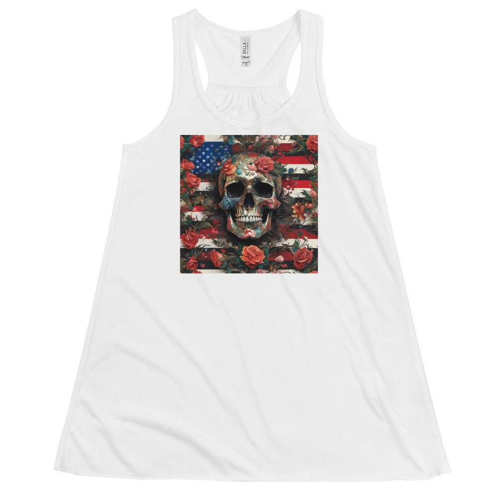 Skull, Roses, and Flag Women's Flowy Racerback Tank White