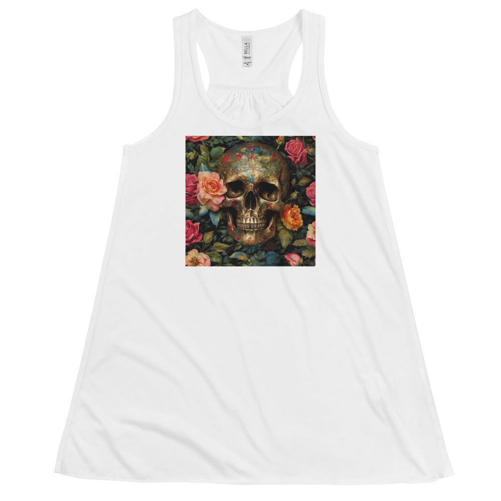 Skull with Roses Graphic Women's Flowy Racerback Tank White