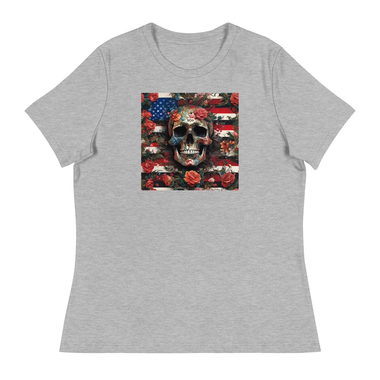 Skull, Roses, and Flag Women's Graphic T-Shirt Athletic Heather
