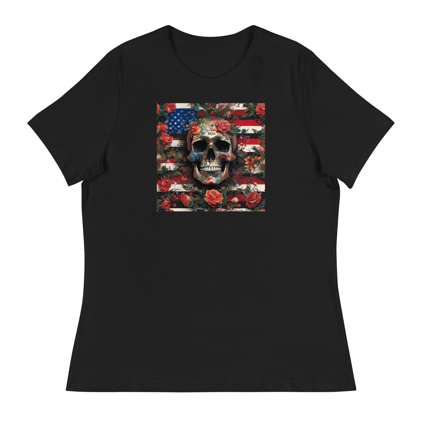 Skull, Roses, and Flag Women's Graphic T-Shirt Black