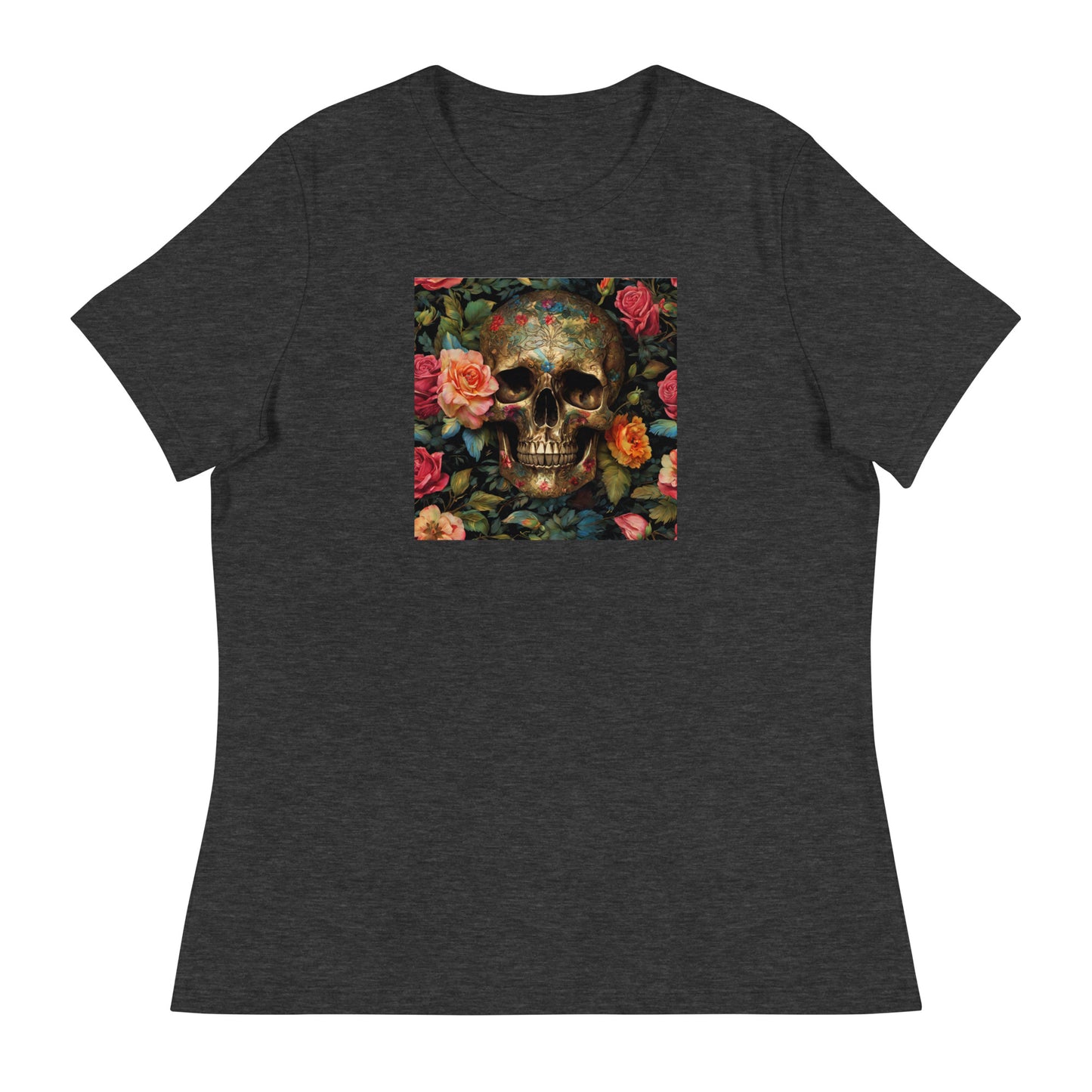 Skull and Roses Graphic Women's T-Shirt Dark Grey Heather