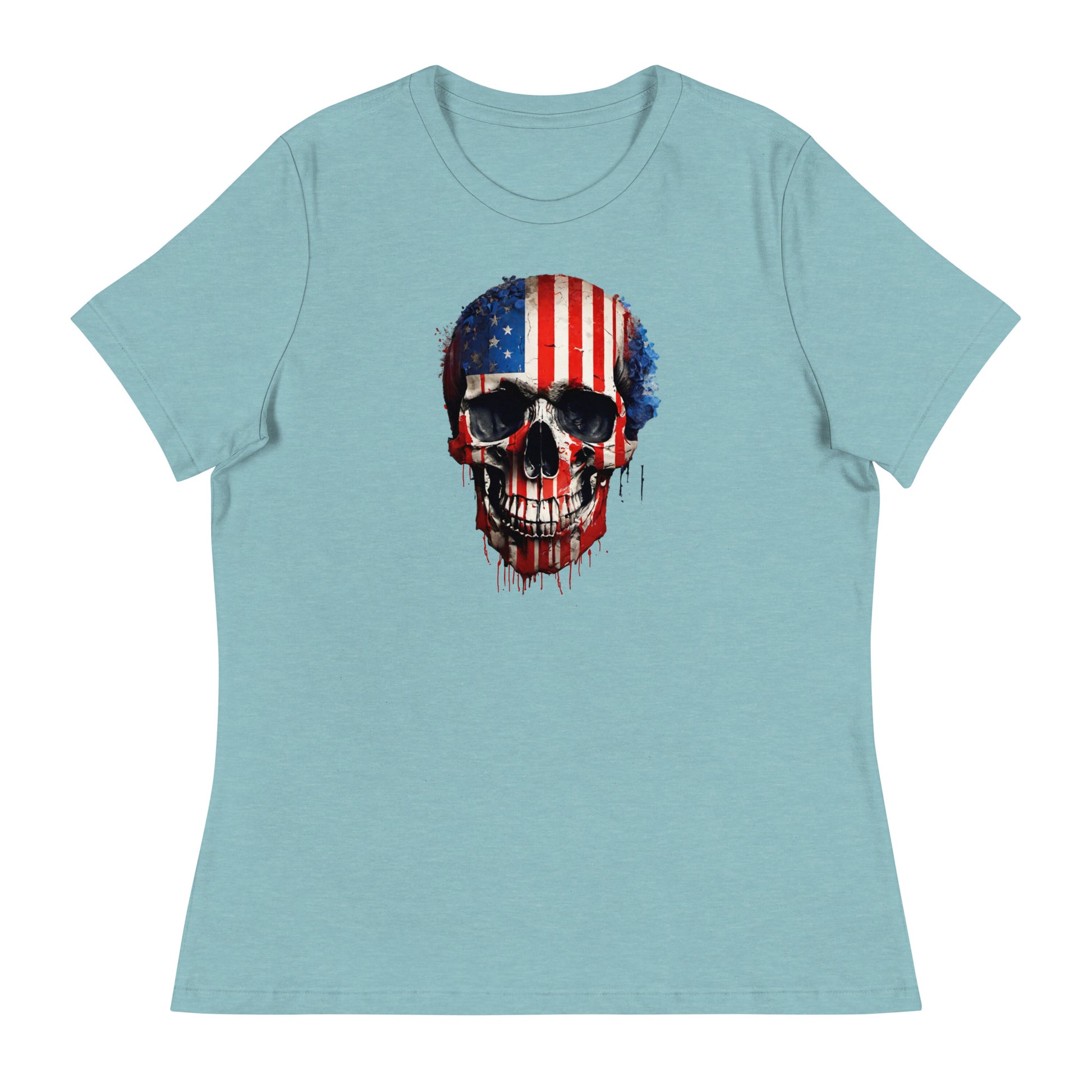 Red, White, & Blue Skull Women's T-Shirt Heather Blue Lagoon
