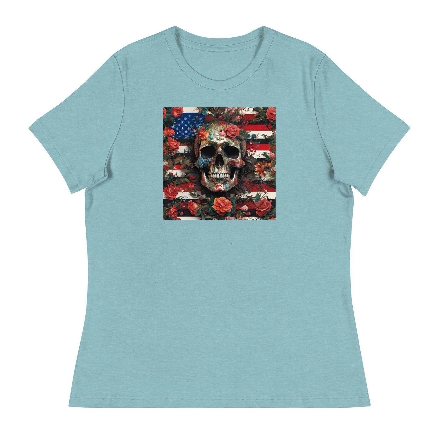 Skull, Roses, and Flag Women's Graphic T-Shirt Heather Blue Lagoon