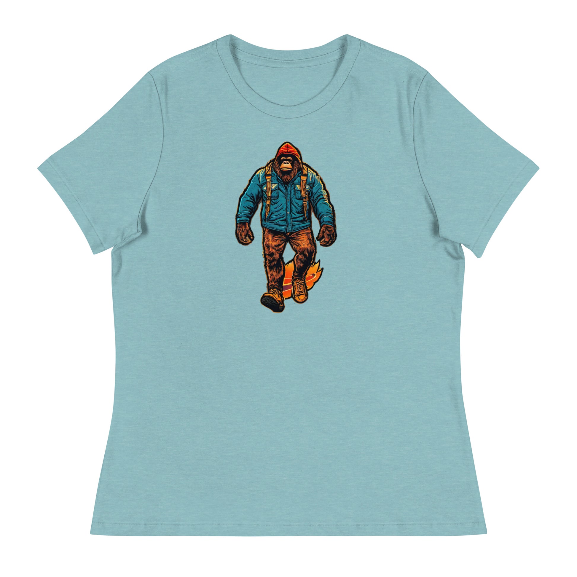 Bigfoot on a Hike Women's Graphic T-Shirt Heather Blue Lagoon