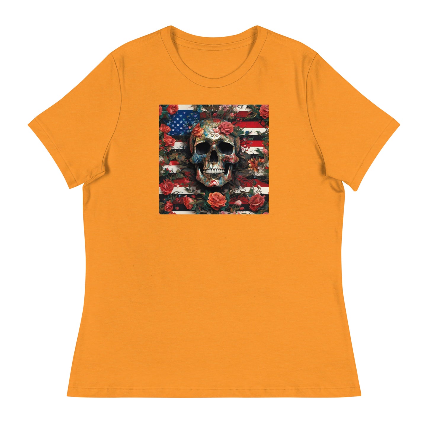 Skull, Roses, and Flag Women's Graphic T-Shirt Heather Marmalade