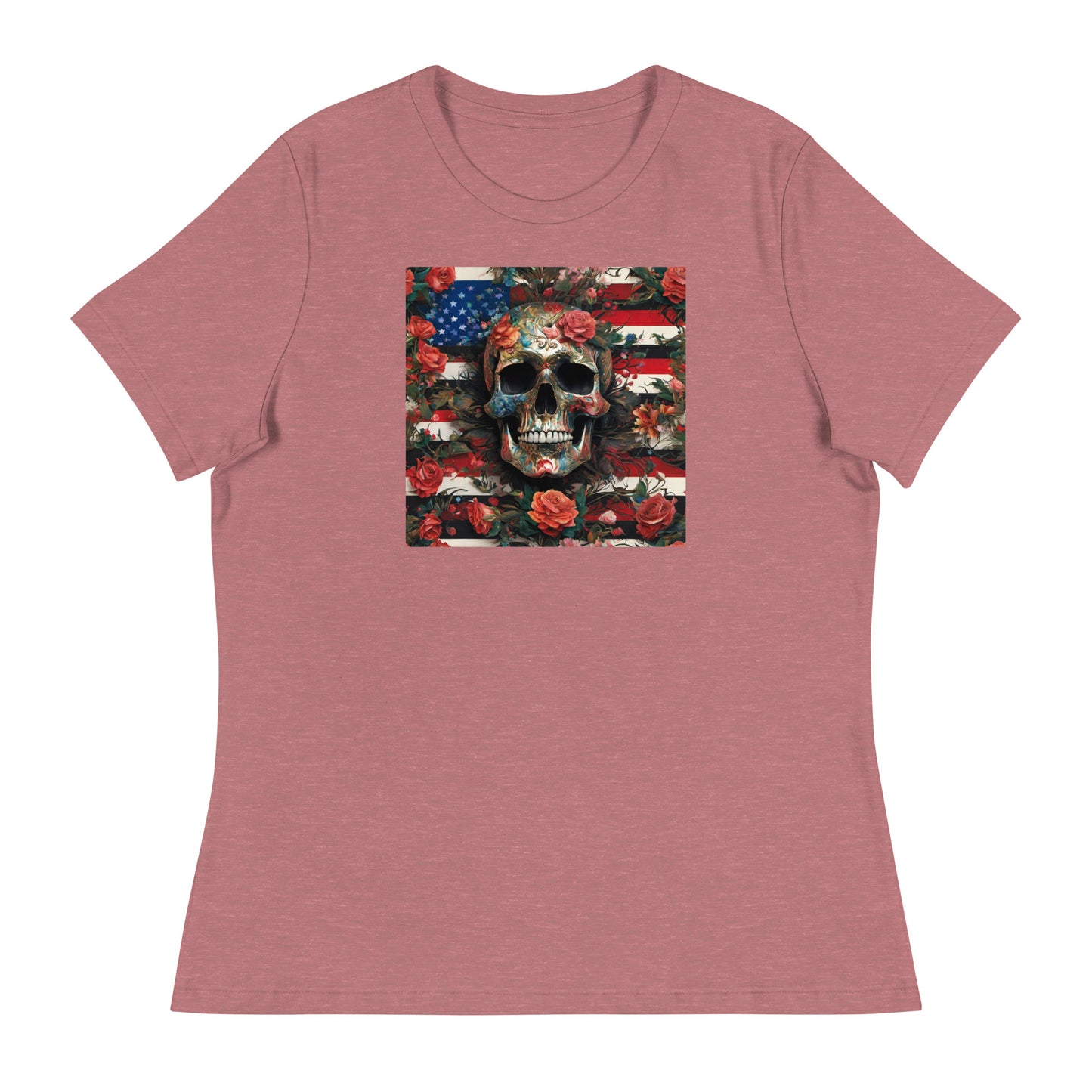 Skull, Roses, and Flag Women's Graphic T-Shirt Heather Mauve