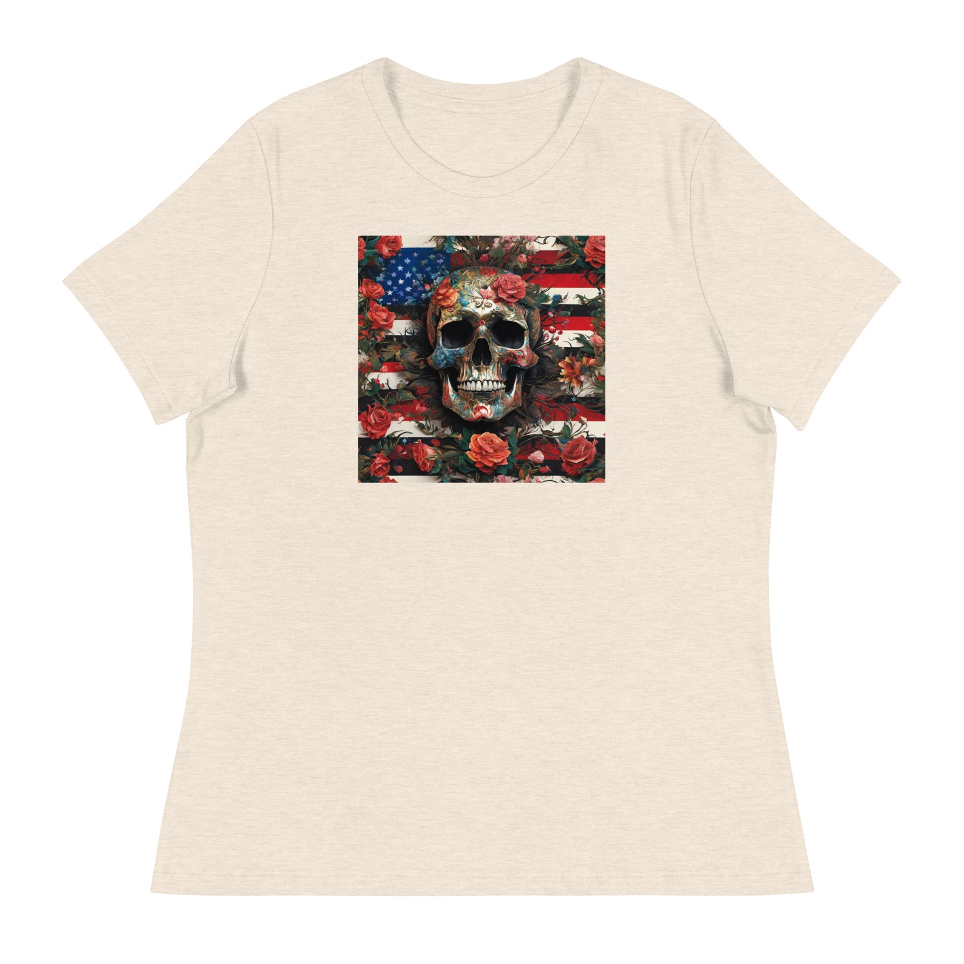 Skull, Roses, and Flag Women's Graphic T-Shirt Heather Prism Natural
