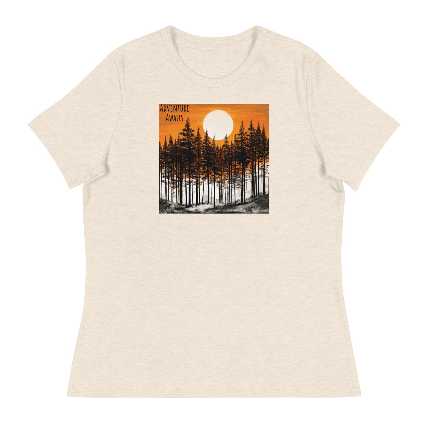 Adventure Awaits at Sunrise Women's Camping T-Shirt Heather Prism Natural